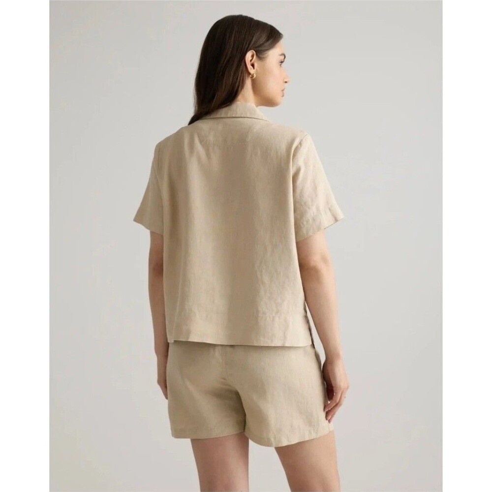 Quince 100% Organic Linen Short Sleeve Button Down Shirt XS Khaki Beige - Picture 2 of 7